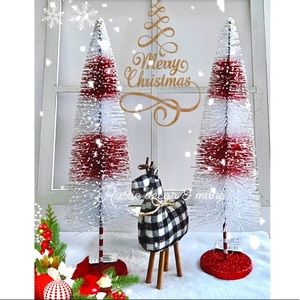 Red & White Stripe Bottle Brush Tree, with Glittered Base 16.5”H